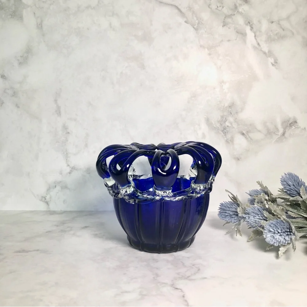 Rare Cobalt Blue Hand Blown Glass Vase with an Applied Blue Glass Flower Top